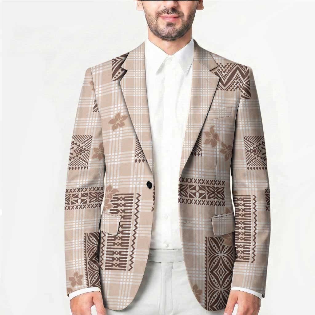 Hawaiian Quilt Tapa On Beige Palaka Motifs Blazer