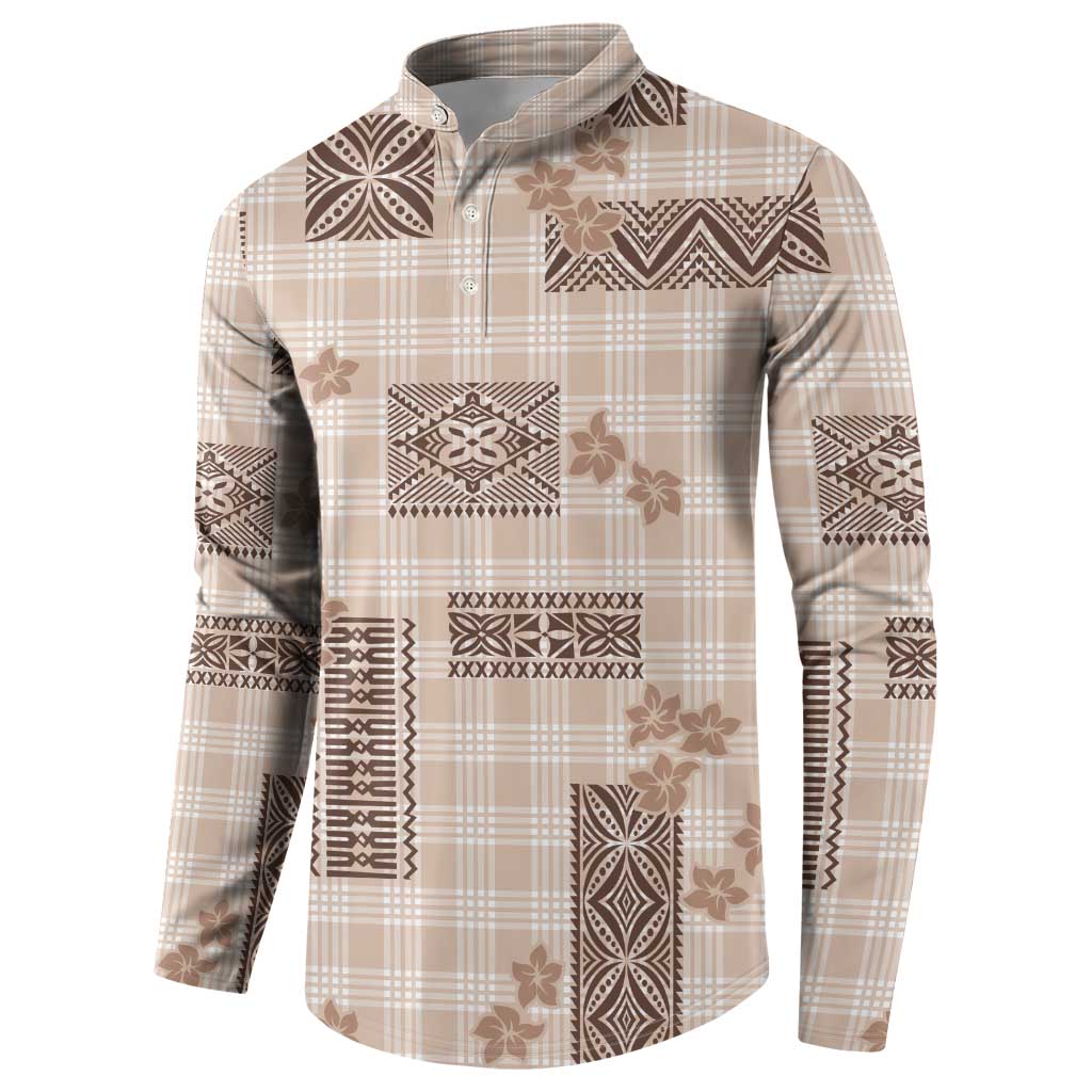Hawaiian Quilt Tapa On Beige Palaka Motifs Button Sweatshirt