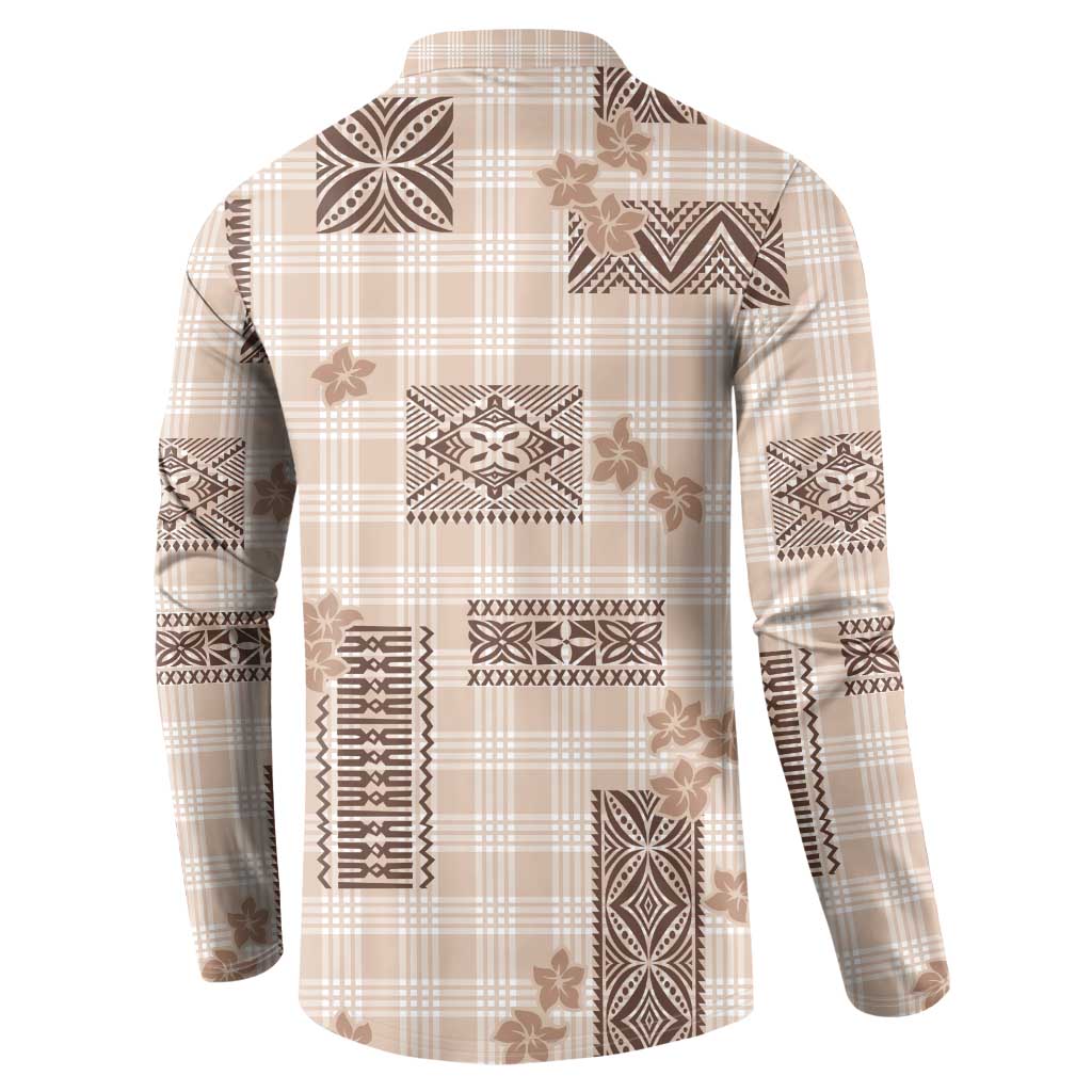 Hawaiian Quilt Tapa On Beige Palaka Motifs Button Sweatshirt