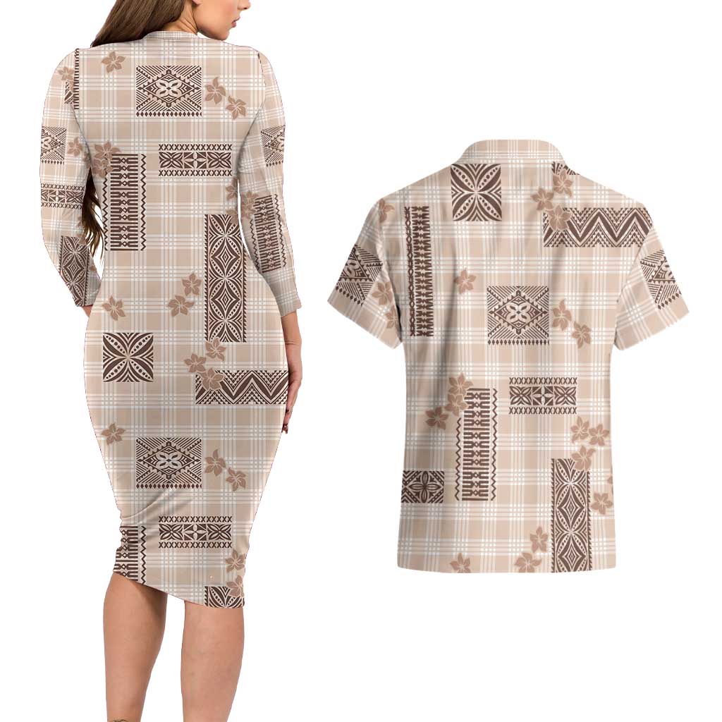 Hawaiian Quilt Tapa On Beige Palaka Motifs Couples Matching Long Sleeve Bodycon Dress and Hawaiian Shirt
