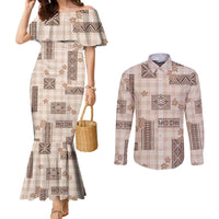 Hawaiian Quilt Tapa On Beige Palaka Motifs Couples Matching Mermaid Dress and Long Sleeve Button Shirt