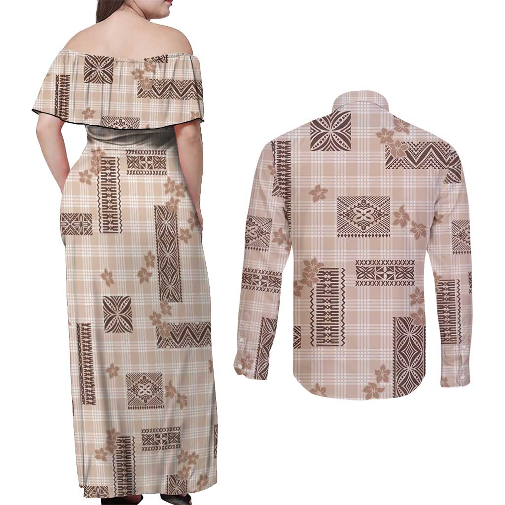 Hawaiian Quilt Tapa On Beige Palaka Motifs Couples Matching Off Shoulder Maxi Dress and Long Sleeve Button Shirt