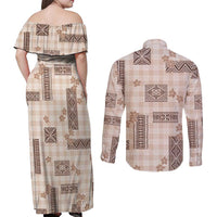 Hawaiian Quilt Tapa On Beige Palaka Motifs Couples Matching Off Shoulder Maxi Dress and Long Sleeve Button Shirt