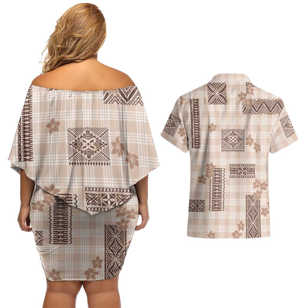 Hawaiian Quilt Tapa On Beige Palaka Motifs Couples Matching Off Shoulder Short Dress and Hawaiian Shirt