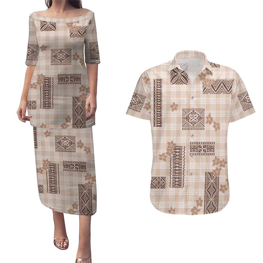 Hawaiian Quilt Tapa On Beige Palaka Motifs Couples Matching Puletasi and Hawaiian Shirt