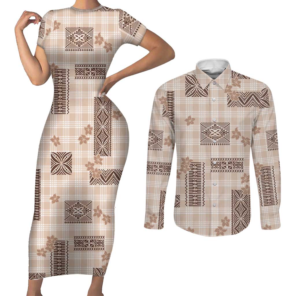 Hawaiian Quilt Tapa On Beige Palaka Motifs Couples Matching Short Sleeve Bodycon Dress and Long Sleeve Button Shirt