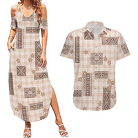 Hawaiian Quilt Tapa On Beige Palaka Motifs Couples Matching Summer Maxi Dress and Hawaiian Shirt