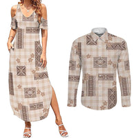 Hawaiian Quilt Tapa On Beige Palaka Motifs Couples Matching Summer Maxi Dress and Long Sleeve Button Shirt