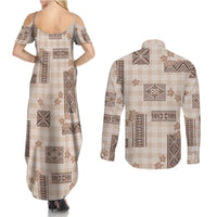 Hawaiian Quilt Tapa On Beige Palaka Motifs Couples Matching Summer Maxi Dress and Long Sleeve Button Shirt