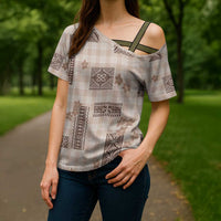Hawaiian Quilt Tapa On Beige Palaka Motifs Cross Shoulder Shirt