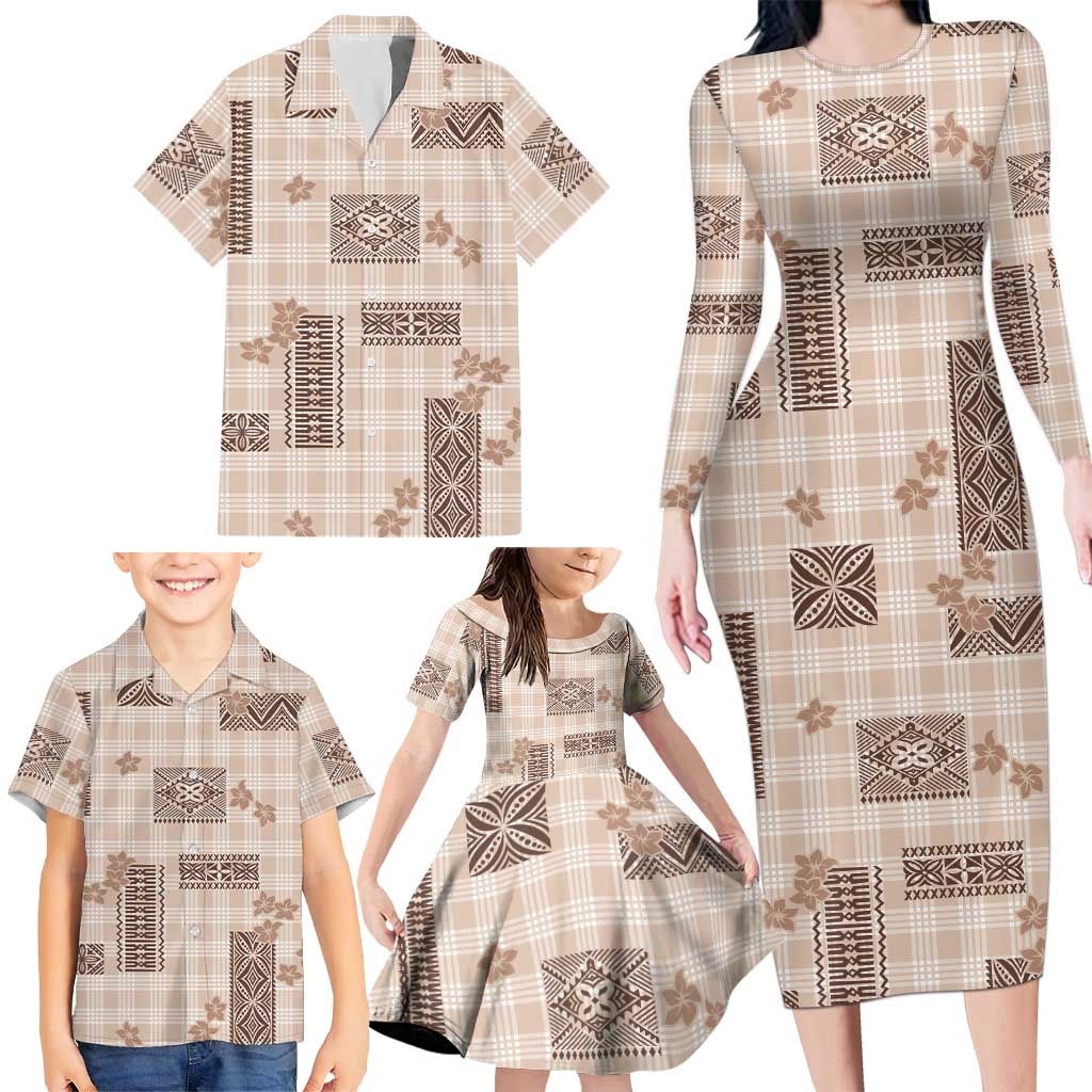 Hawaiian Quilt Tapa On Beige Palaka Motifs Family Matching Long Sleeve Bodycon Dress and Hawaiian Shirt