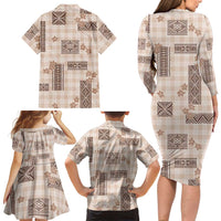 Hawaiian Quilt Tapa On Beige Palaka Motifs Family Matching Long Sleeve Bodycon Dress and Hawaiian Shirt