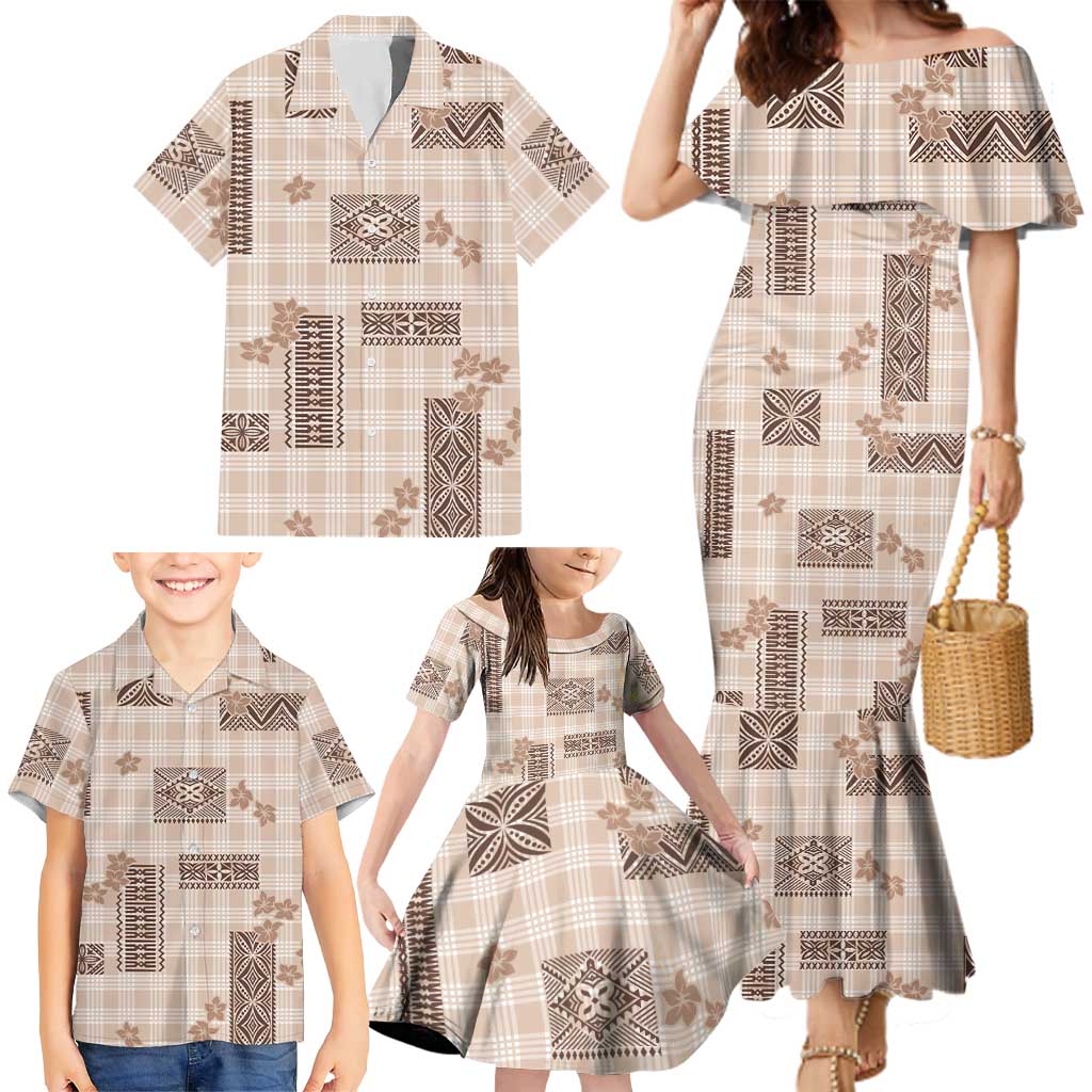 Hawaiian Quilt Tapa On Beige Palaka Motifs Family Matching Mermaid Dress and Hawaiian Shirt LT7 - Polynesian Pride