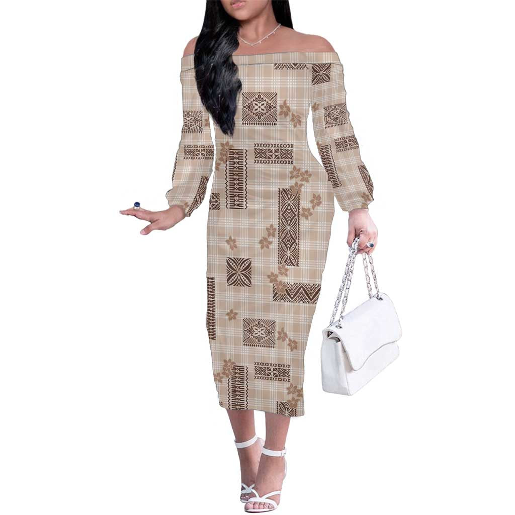 Hawaiian Quilt Tapa On Beige Palaka Motifs Family Matching Off The Shoulder Long Sleeve Dress and Hawaiian Shirt