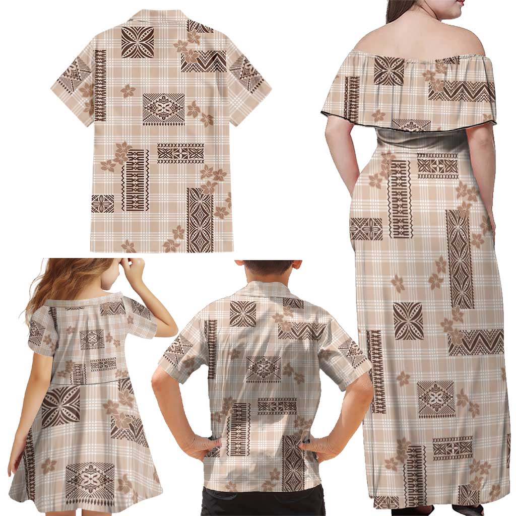 Hawaiian Quilt Tapa On Beige Palaka Motifs Family Matching Off Shoulder Maxi Dress and Hawaiian Shirt