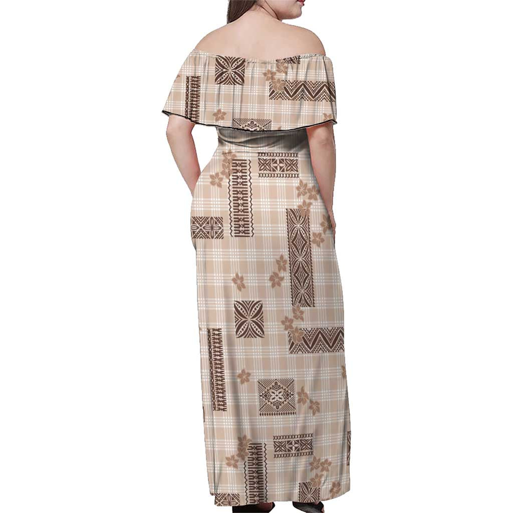 Hawaiian Quilt Tapa On Beige Palaka Motifs Family Matching Off Shoulder Maxi Dress and Hawaiian Shirt