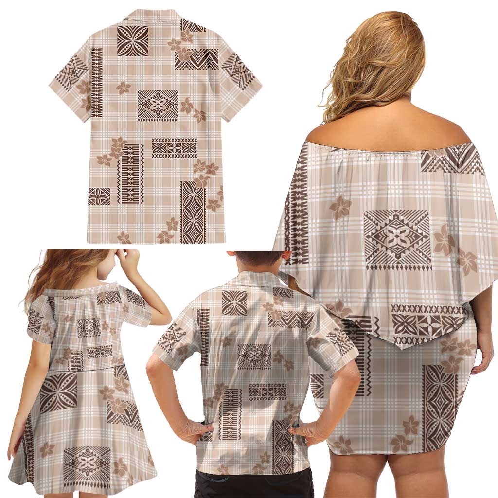 Hawaiian Quilt Tapa On Beige Palaka Motifs Family Matching Off Shoulder Short Dress and Hawaiian Shirt