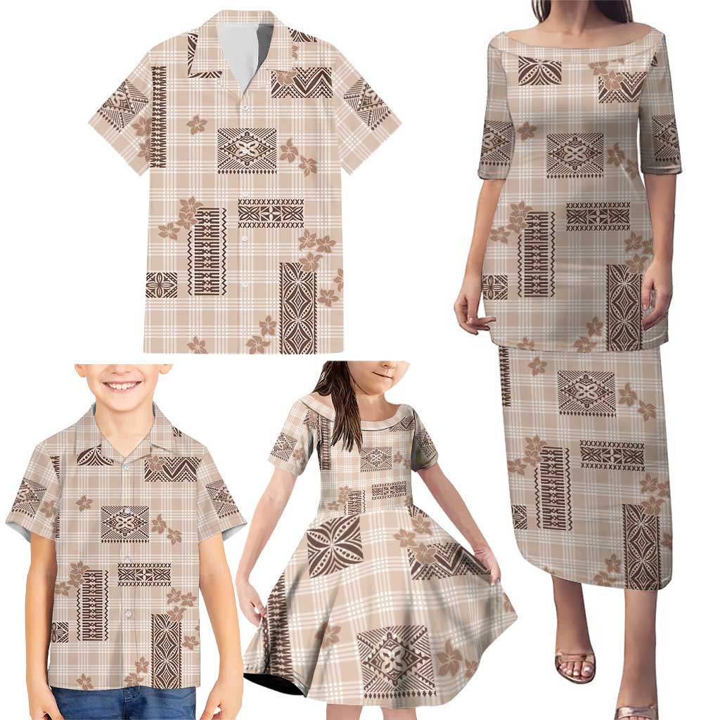 Hawaiian Quilt Tapa On Beige Palaka Motifs Family Matching Puletasi and Hawaiian Shirt