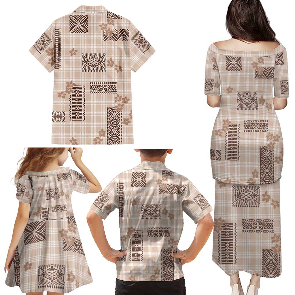 Hawaiian Quilt Tapa On Beige Palaka Motifs Family Matching Puletasi and Hawaiian Shirt