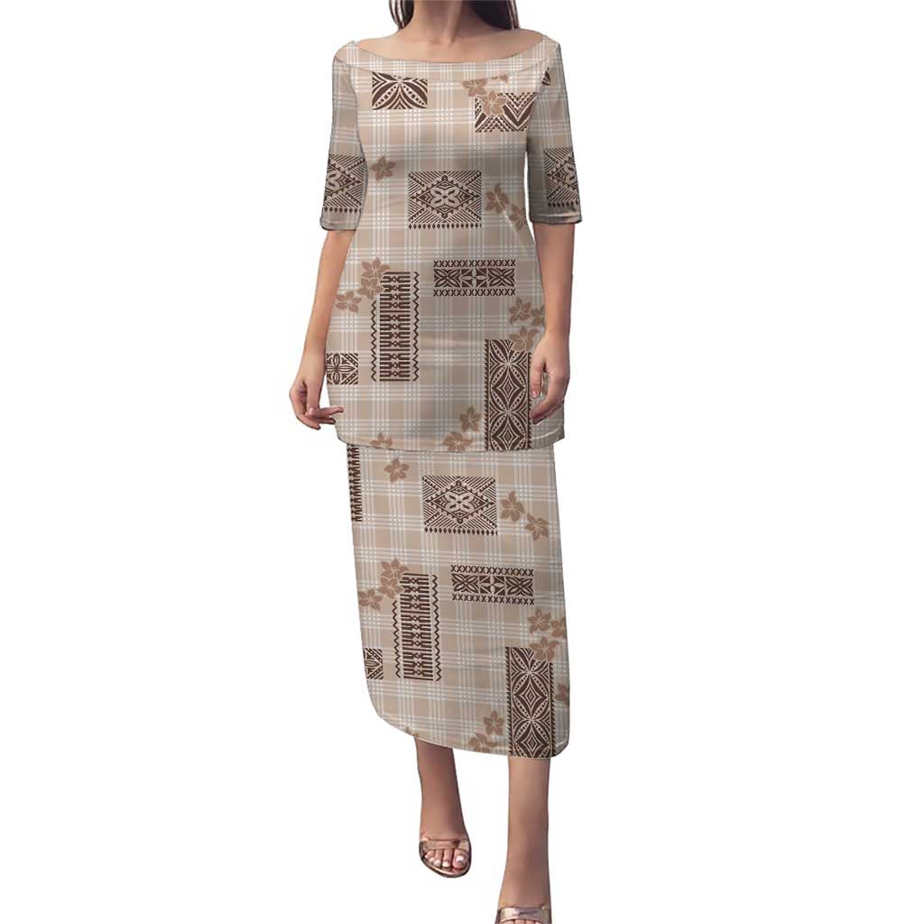 Hawaiian Quilt Tapa On Beige Palaka Motifs Family Matching Puletasi and Hawaiian Shirt