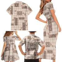 Hawaiian Quilt Tapa On Beige Palaka Motifs Family Matching Short Sleeve Bodycon Dress and Hawaiian Shirt
