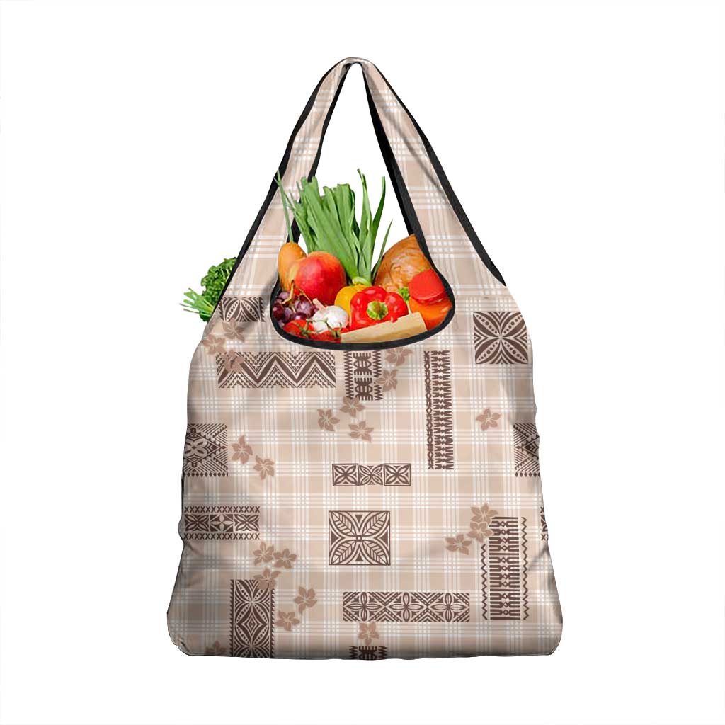 Hawaiian Quilt Tapa On Beige Palaka Motifs Grocery Bag LT7 1-pack One Size Beige - Polynesian Pride