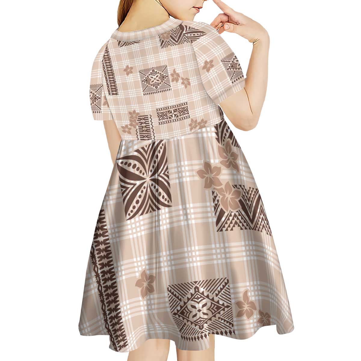 Hawaiian Quilt Tapa On Beige Palaka Motifs Kid Short Sleeve Dress