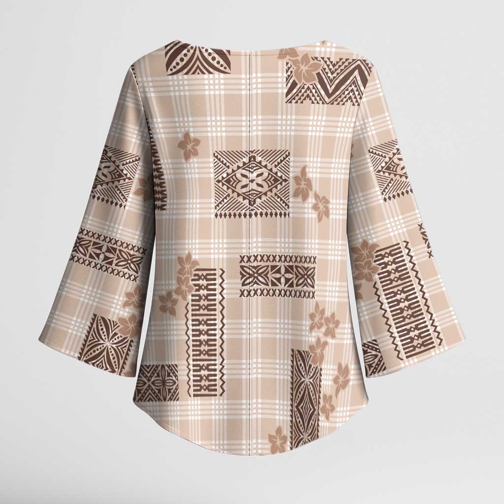 Hawaiian Quilt Tapa On Beige Palaka Motifs Kimono Sleeve Blouse