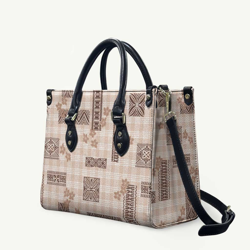 Hawaiian Quilt Tapa On Beige Palaka Motifs Leather Bag