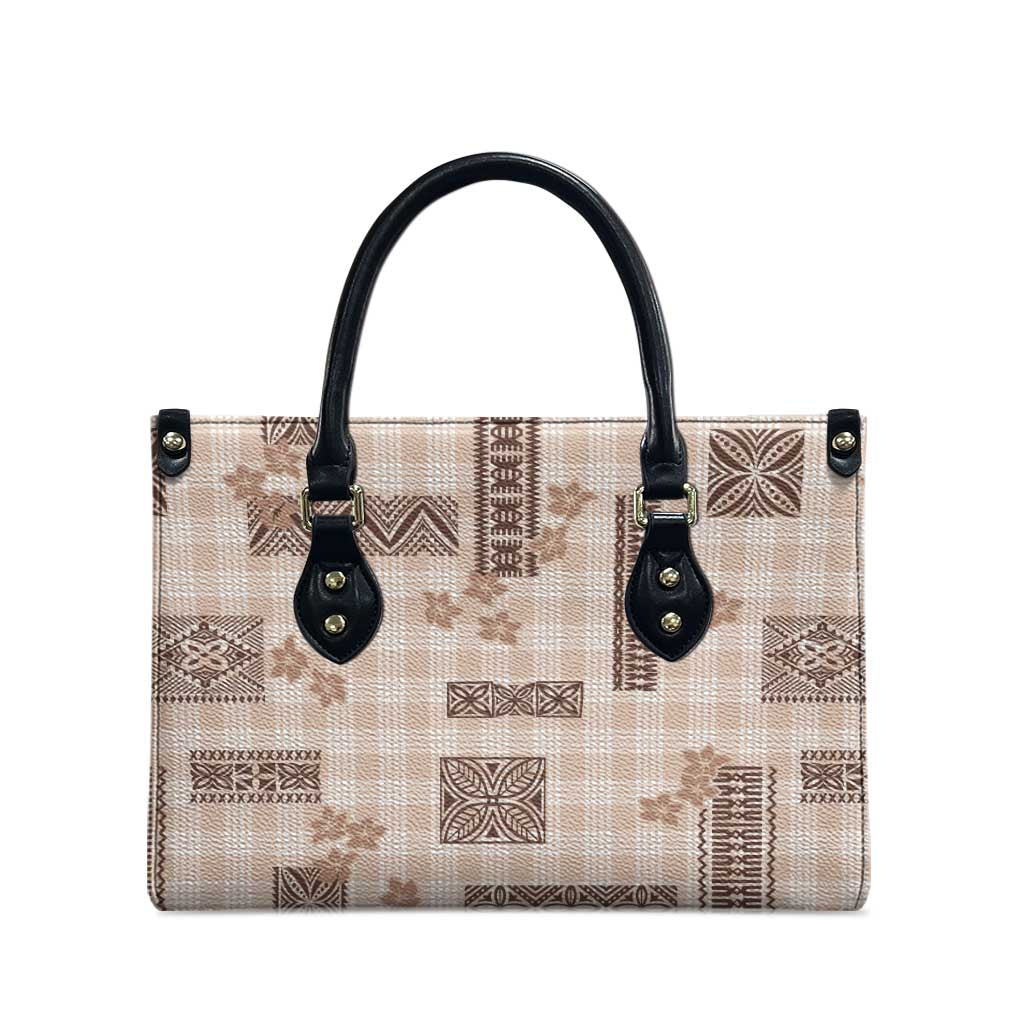 Hawaiian Quilt Tapa On Beige Palaka Motifs Leather Bag