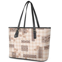 Hawaiian Quilt Tapa On Beige Palaka Motifs Leather Tote Bag