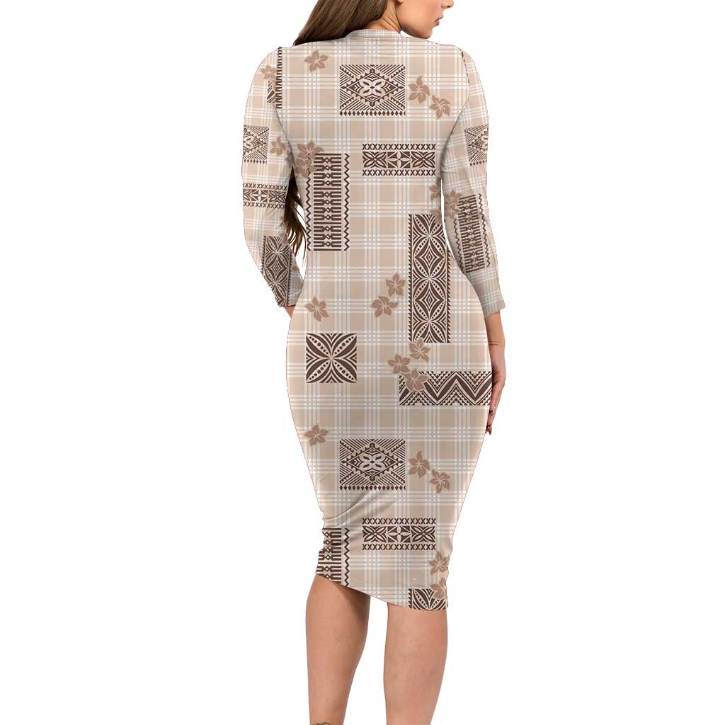 Hawaiian Quilt Tapa On Beige Palaka Motifs Long Sleeve Bodycon Dress