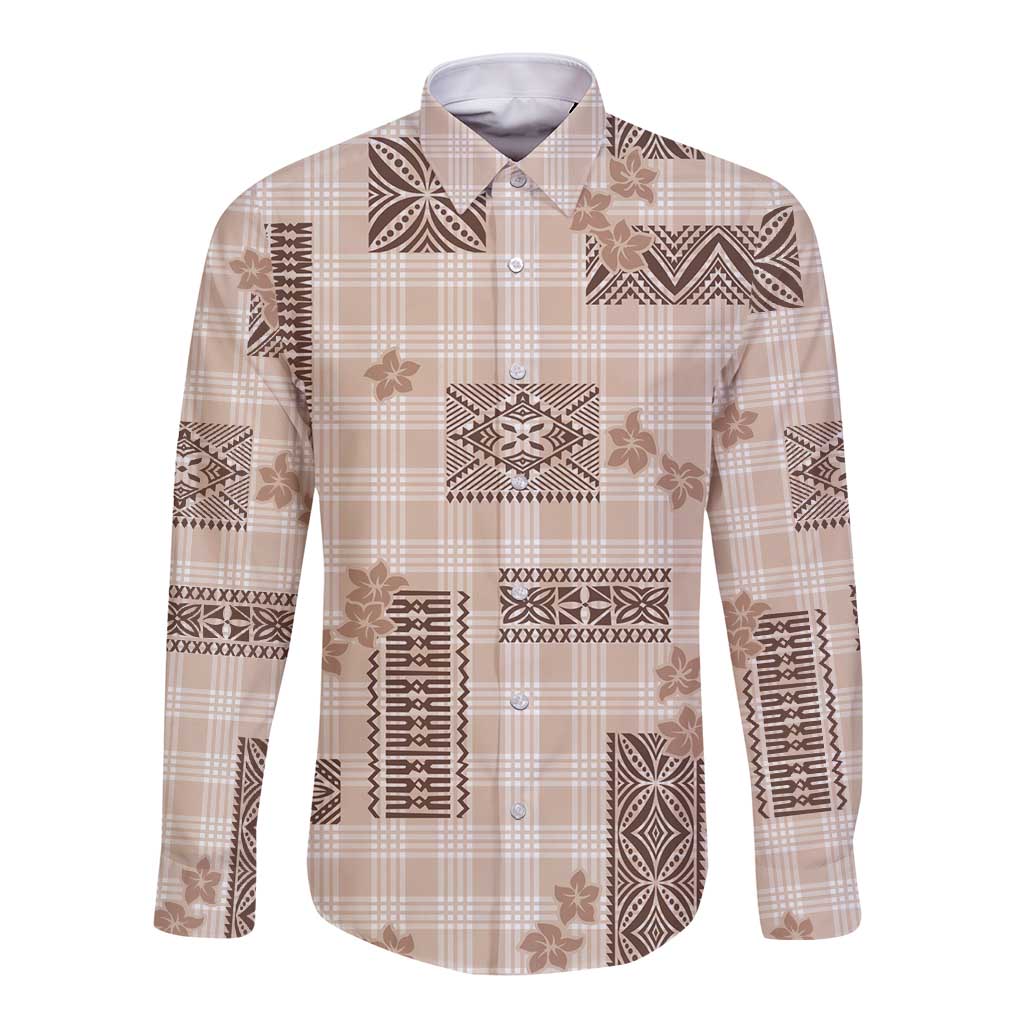 Hawaiian Quilt Tapa On Beige Palaka Motifs Long Sleeve Button Shirt