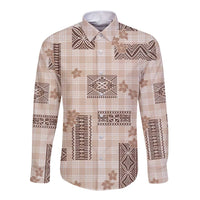 Hawaiian Quilt Tapa On Beige Palaka Motifs Long Sleeve Button Shirt