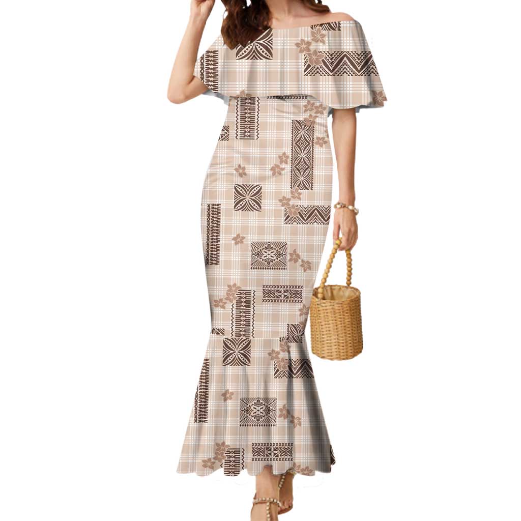 Hawaiian Quilt Tapa On Beige Palaka Motifs Mermaid Dress LT7 Women Beige - Polynesian Pride