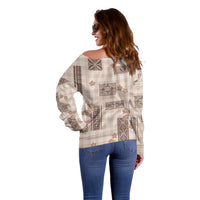 Hawaiian Quilt Tapa On Beige Palaka Motifs Off Shoulder Sweater