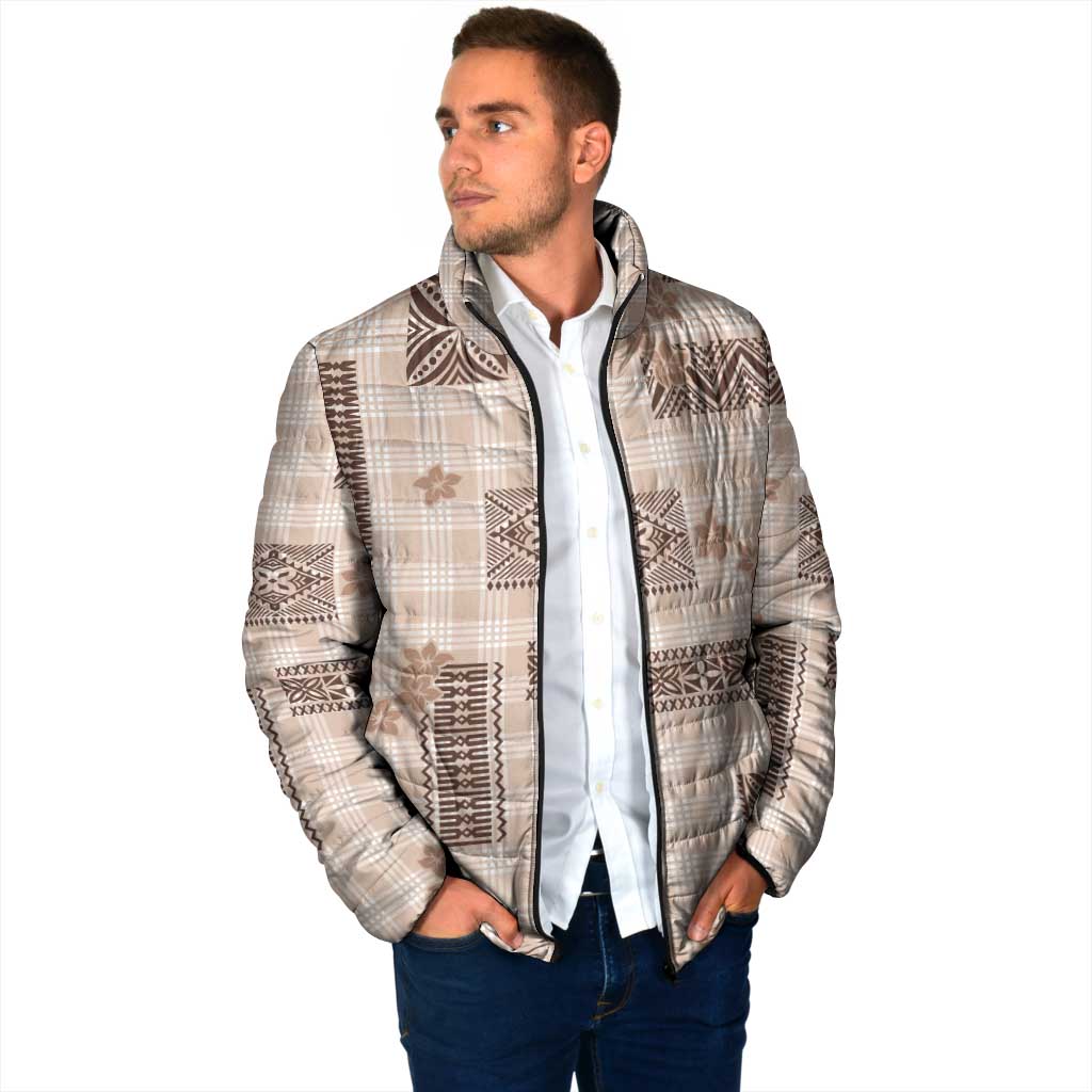 Hawaiian Quilt Tapa On Beige Palaka Motifs Padded Jacket