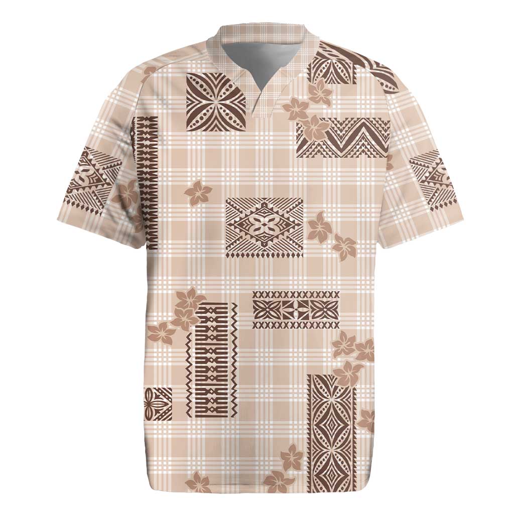 Hawaiian Quilt Tapa On Beige Palaka Motifs Rugby Jersey LT7 Beige - Polynesian Pride