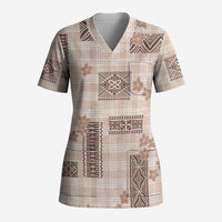 Hawaiian Quilt Tapa On Beige Palaka Motifs Scrub Top