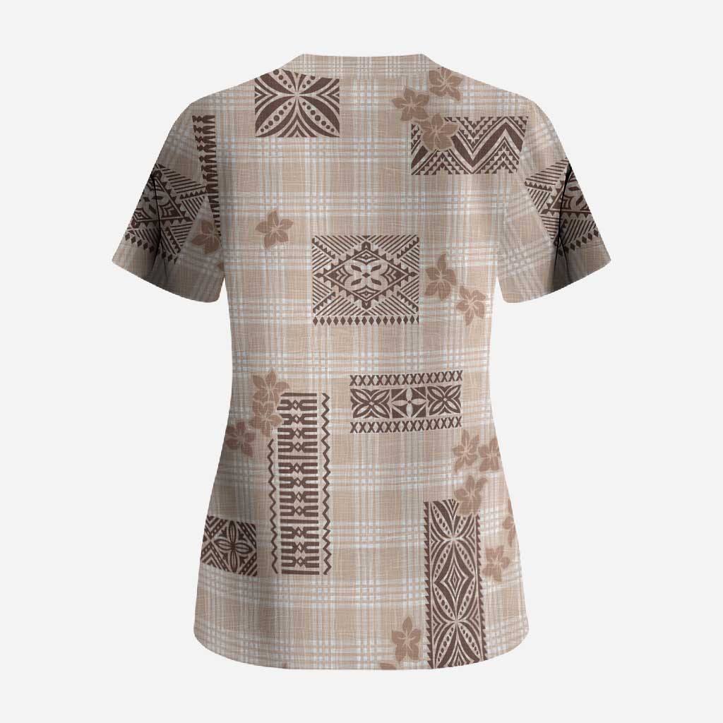 Hawaiian Quilt Tapa On Beige Palaka Motifs Scrub Top