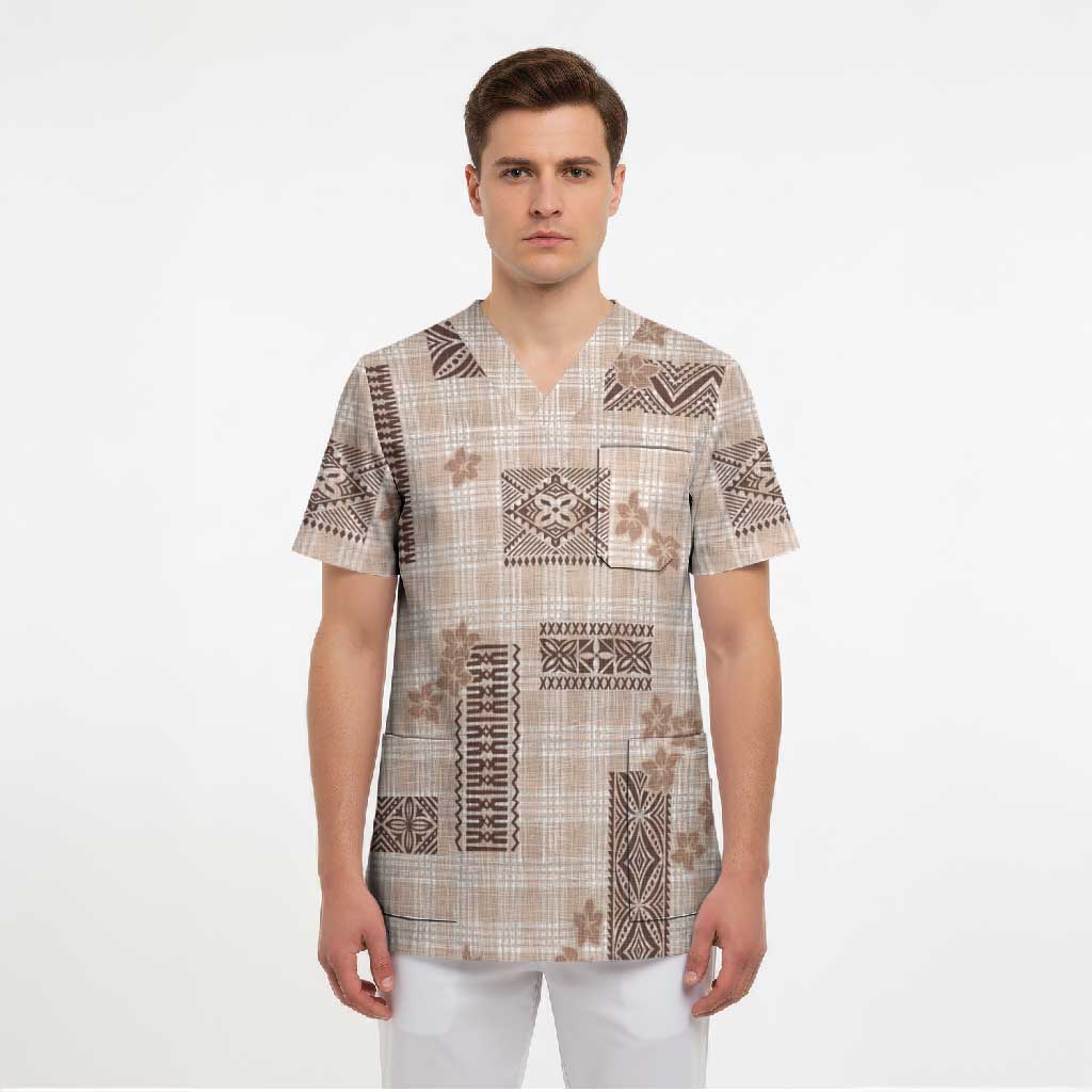 Hawaiian Quilt Tapa On Beige Palaka Motifs Scrub Top