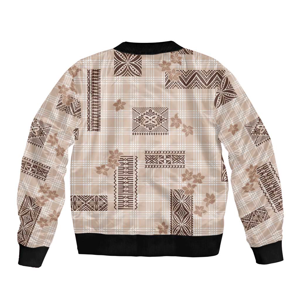 Hawaiian Quilt Tapa On Beige Palaka Motifs Sleeve Zip Bomber Jacket