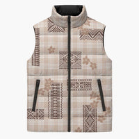 Hawaiian Quilt Tapa On Beige Palaka Motifs Sleeveless Puffer Jacket