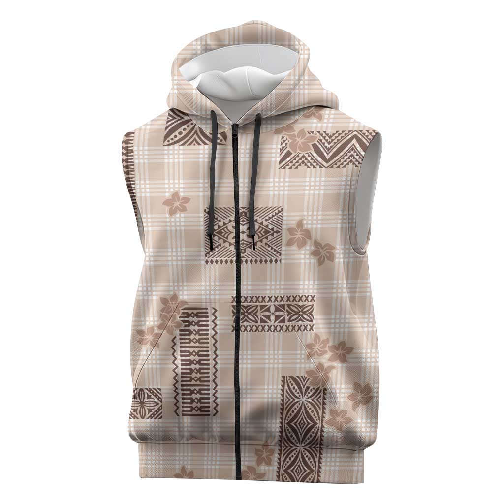 Hawaiian Quilt Tapa On Beige Palaka Motifs Sleeveless Zip Hoodie LT7 Beige - Polynesian Pride