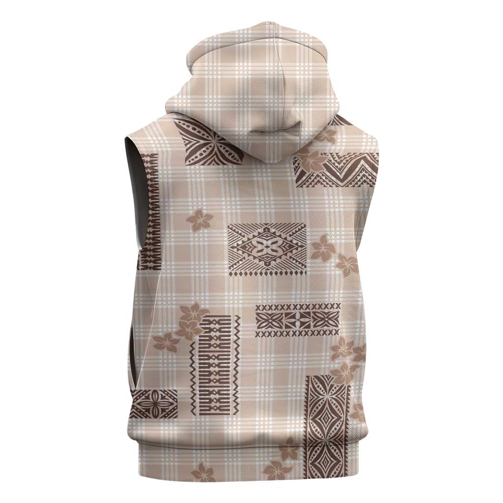 Hawaiian Quilt Tapa On Beige Palaka Motifs Sleeveless Zip Hoodie