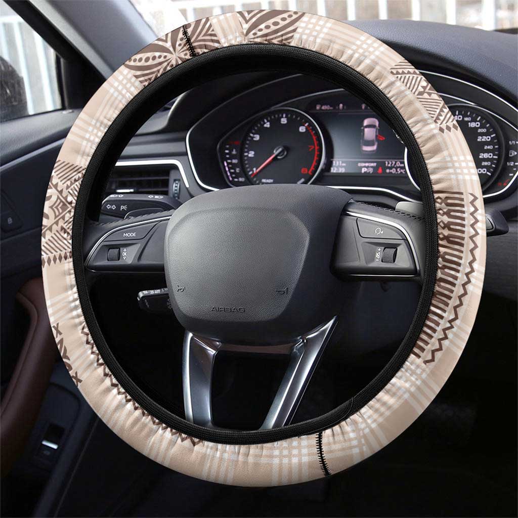 Hawaiian Quilt Tapa On Beige Palaka Motifs Steering Wheel Cover
