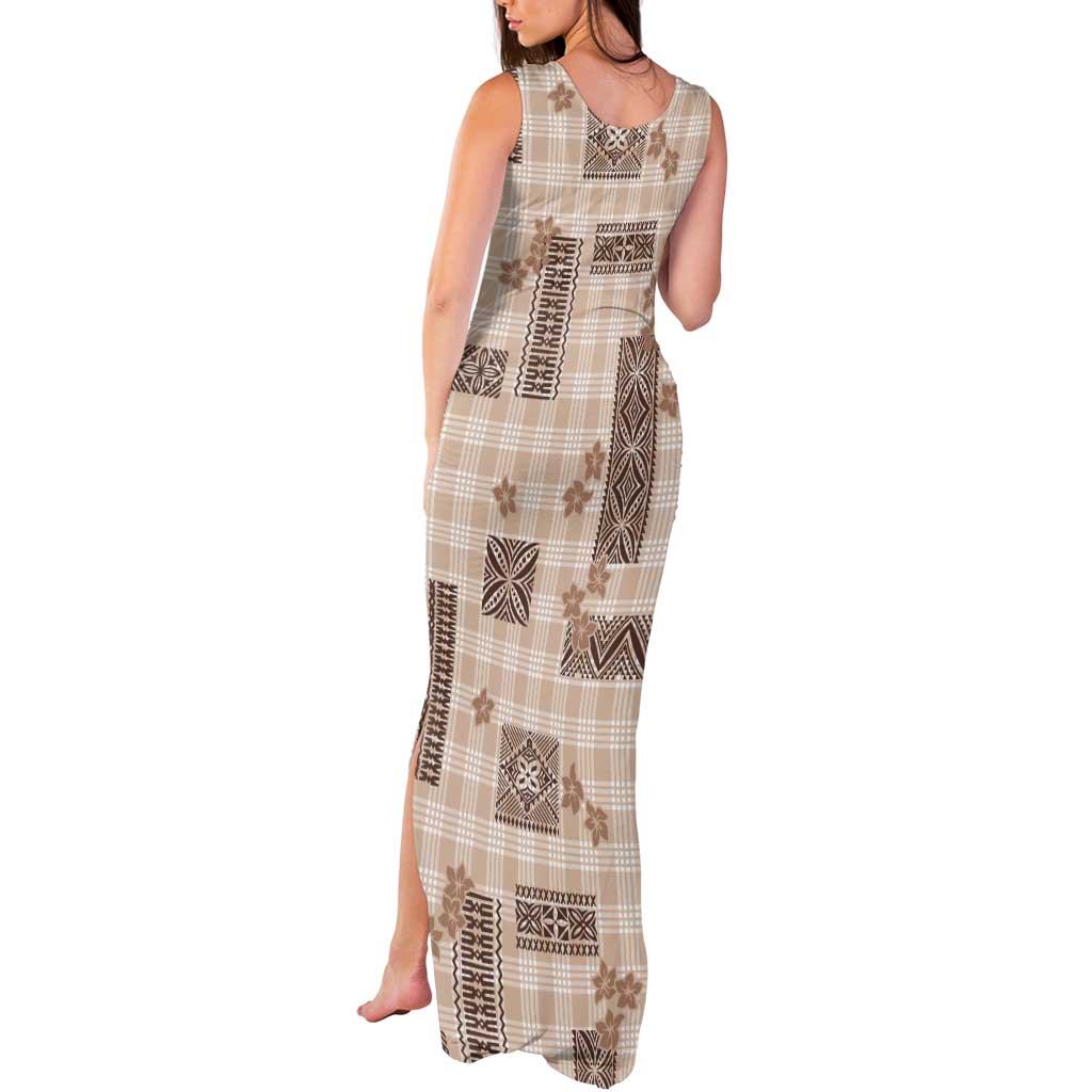 Hawaiian Quilt Tapa On Beige Palaka Motifs Tank Maxi Dress