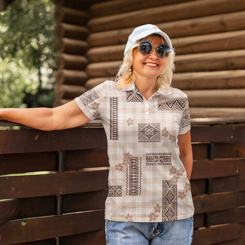 Hawaiian Quilt Tapa On Beige Palaka Motifs Women Polo Shirt
