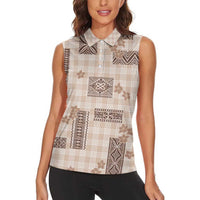 Hawaiian Quilt Tapa On Beige Palaka Motifs Women Sleeveless Polo Shirt