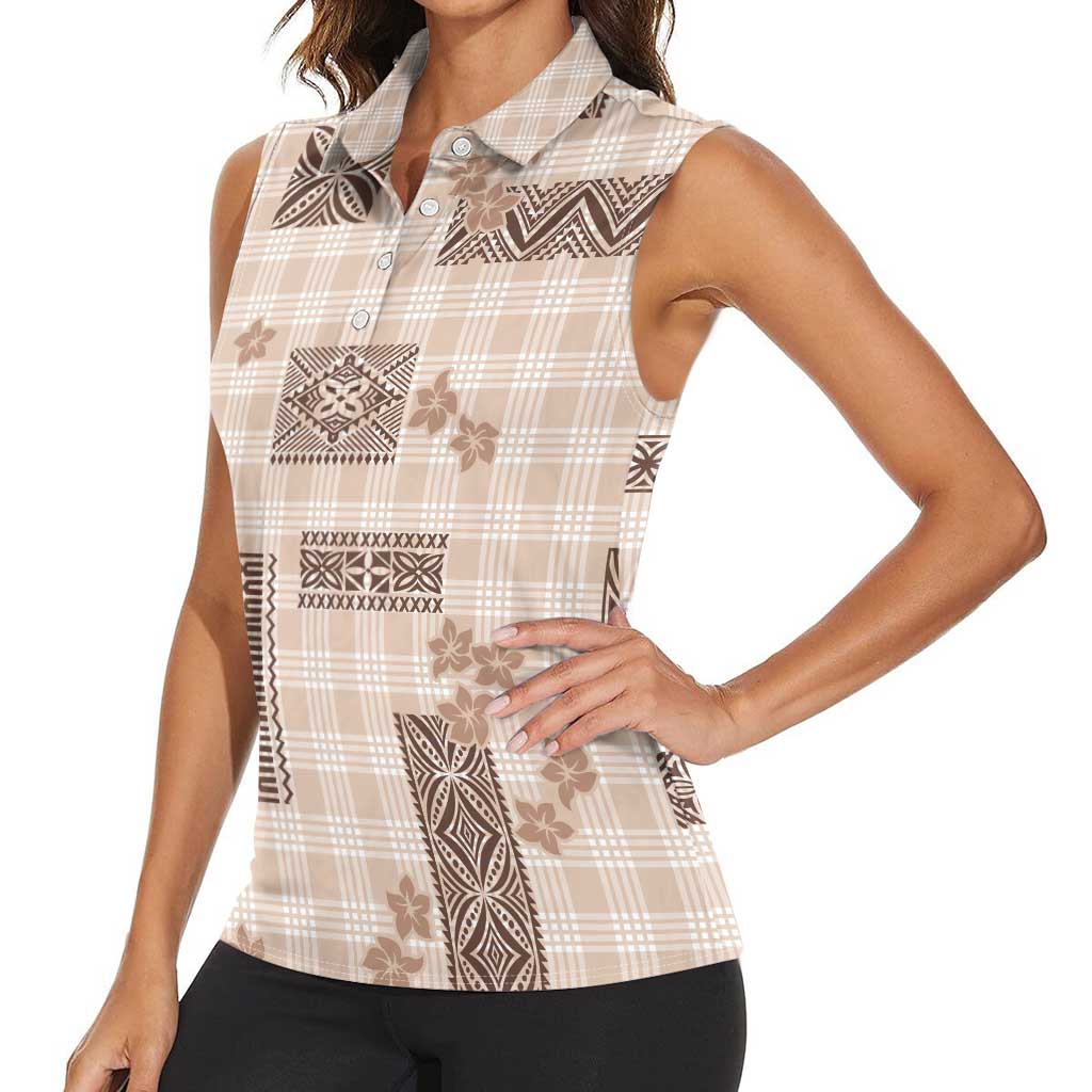 Hawaiian Quilt Tapa On Beige Palaka Motifs Women Sleeveless Polo Shirt